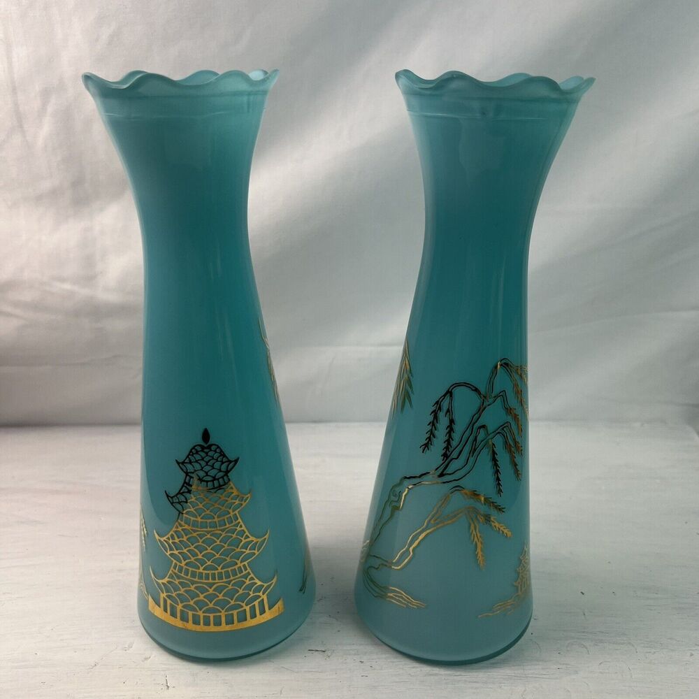 Pair Vintage Bartlett Collins Atomic Age Glass 9" Vase Blue Gold Asian Pagoda